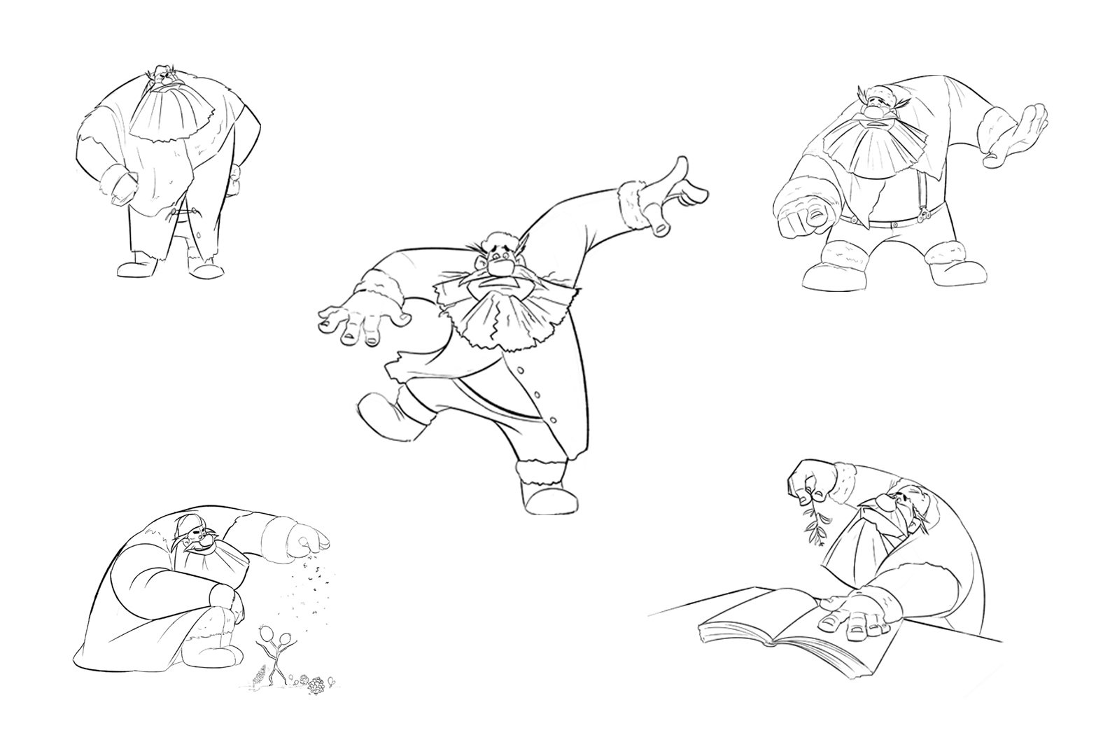 Black-and-white pose studies of a large bearded character