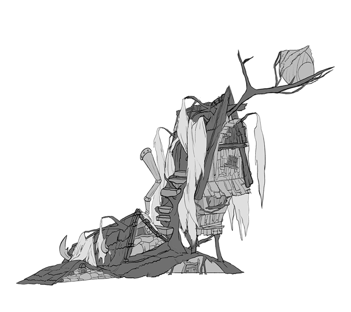Grayscale treehouse and forest shelter concept drawing