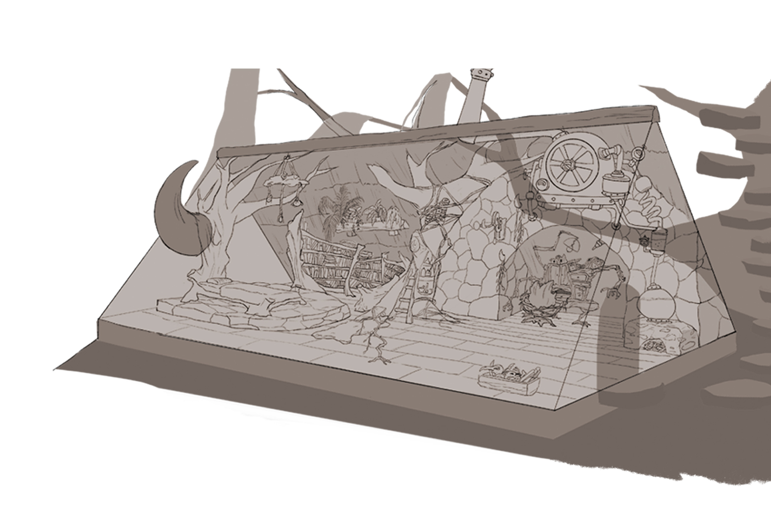 Grayscale cutaway concept of a mechanical forest workshop