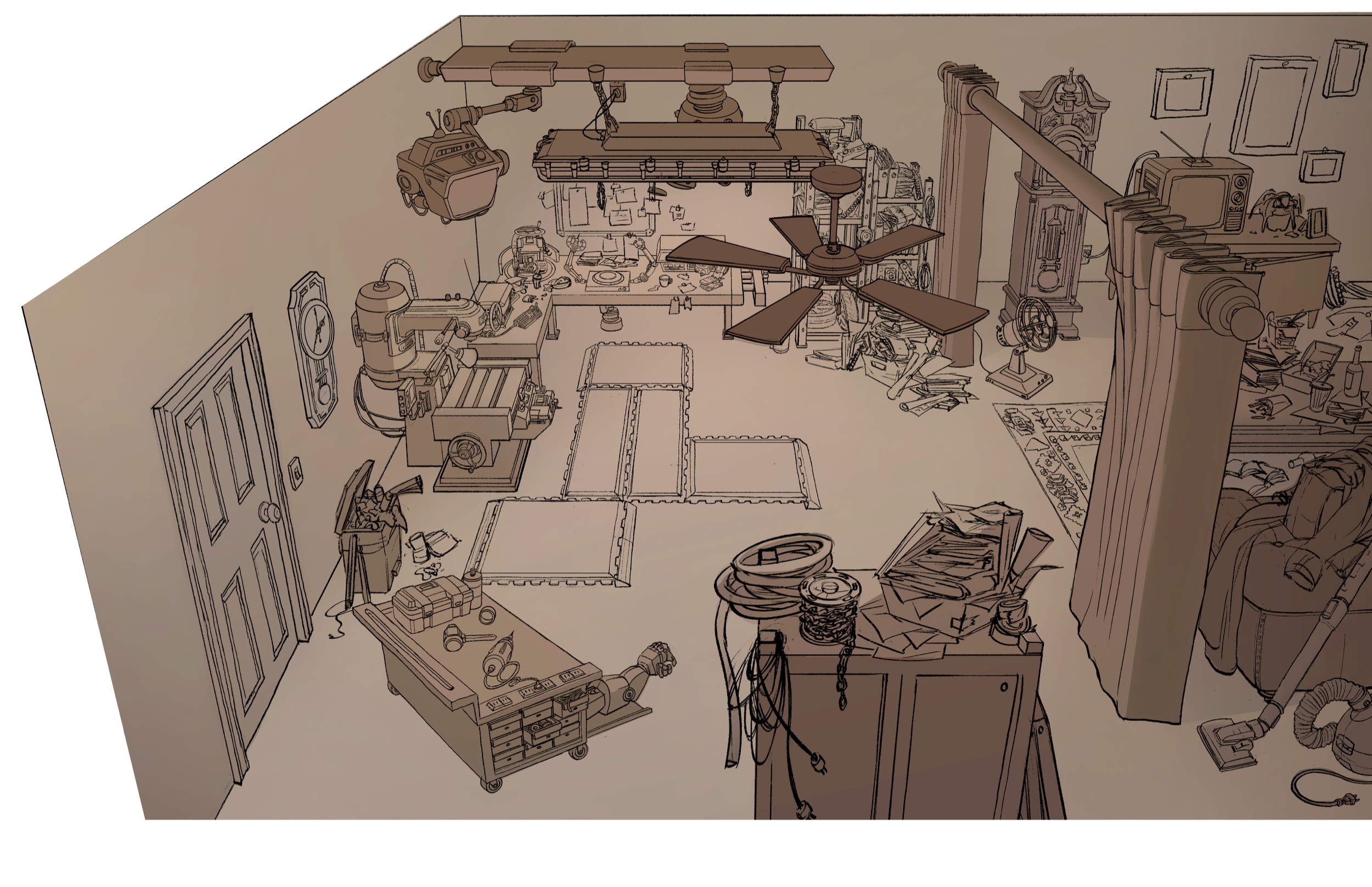 Sepia line drawing of a cluttered mechanical workshop interior