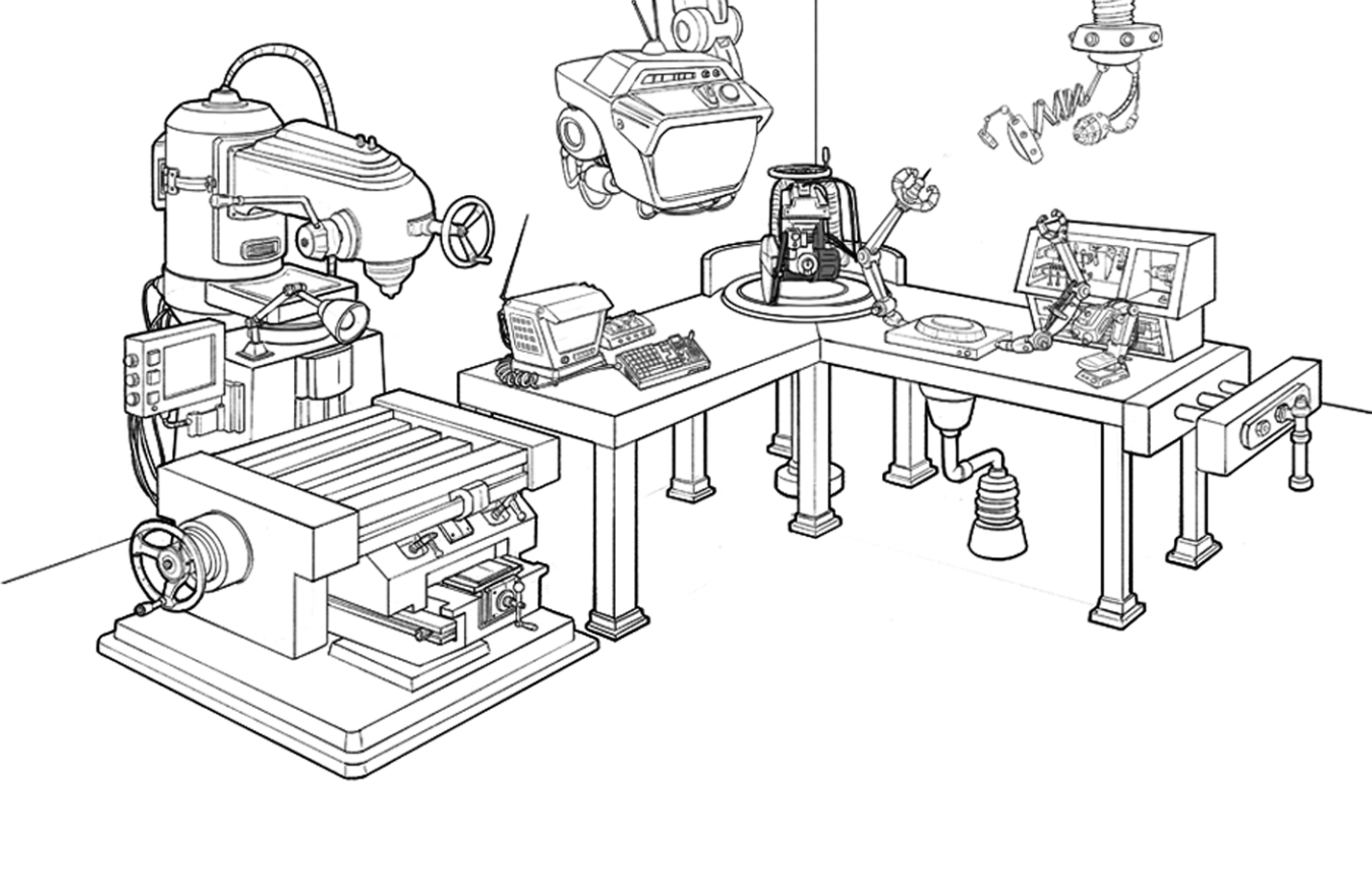 Line drawing of robots and mechanical workshop equipment
