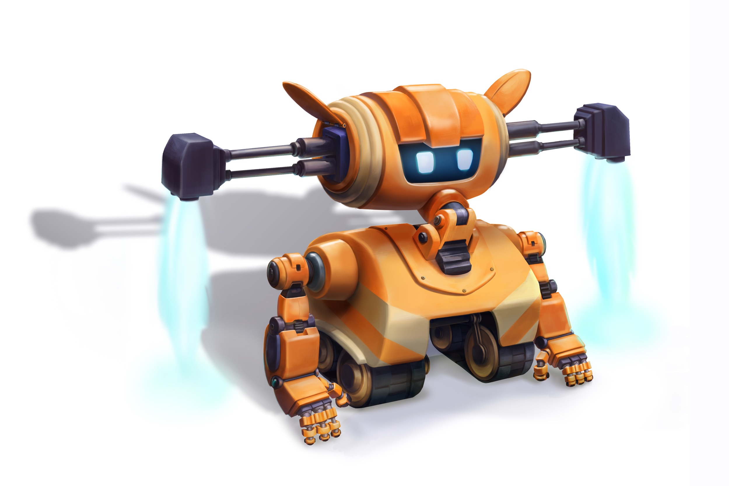 Orange tracked robot character with glowing blue jets