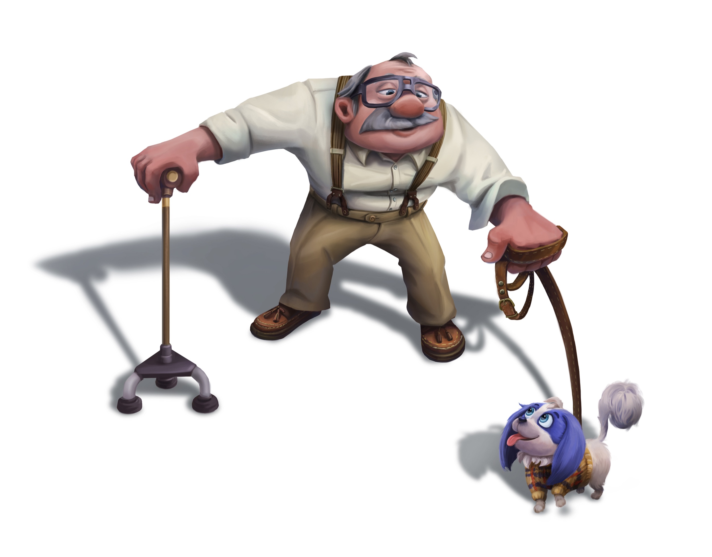 Older man with a cane holding a blue dog's leash