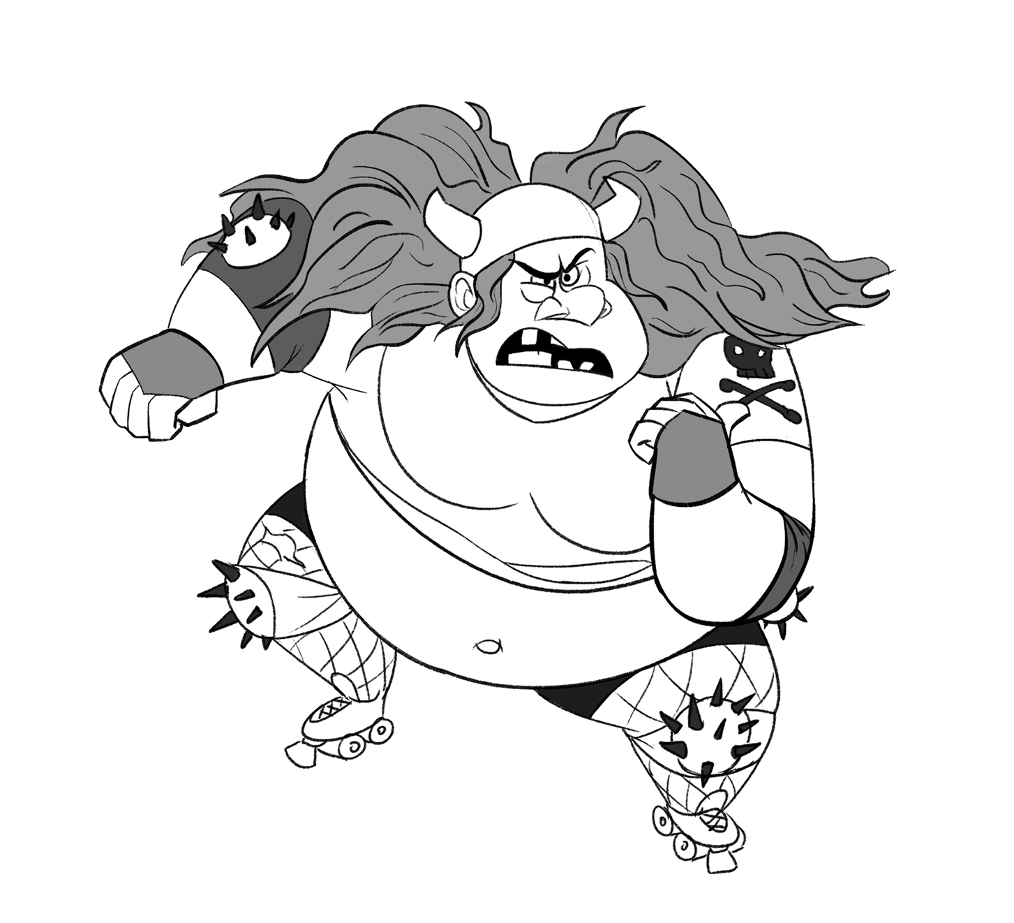 Black-and-white punk roller derby character