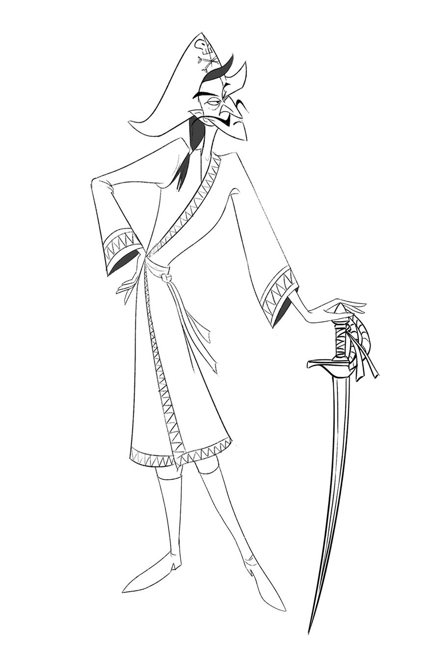 Tall angular character in a long coat and pointed boots