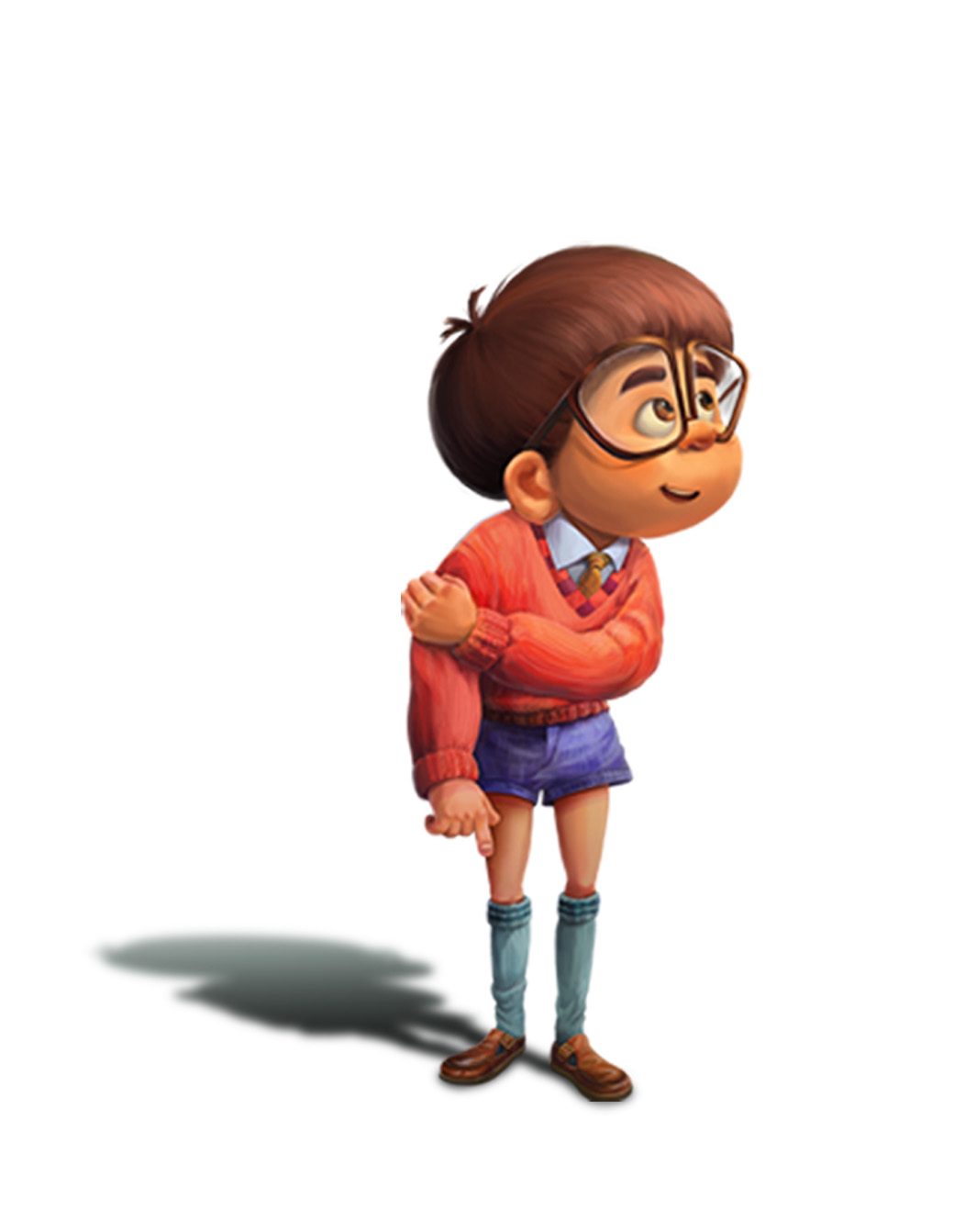 Painted schoolchild with large glasses and a red sweater