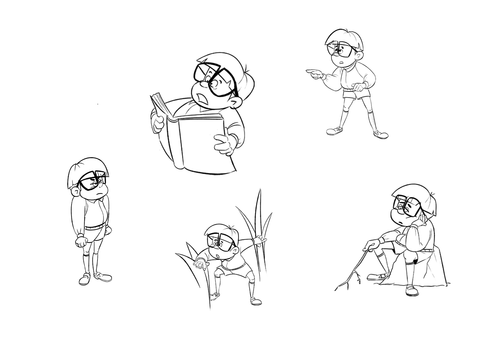 Black-and-white pose studies of a schoolchild with glasses