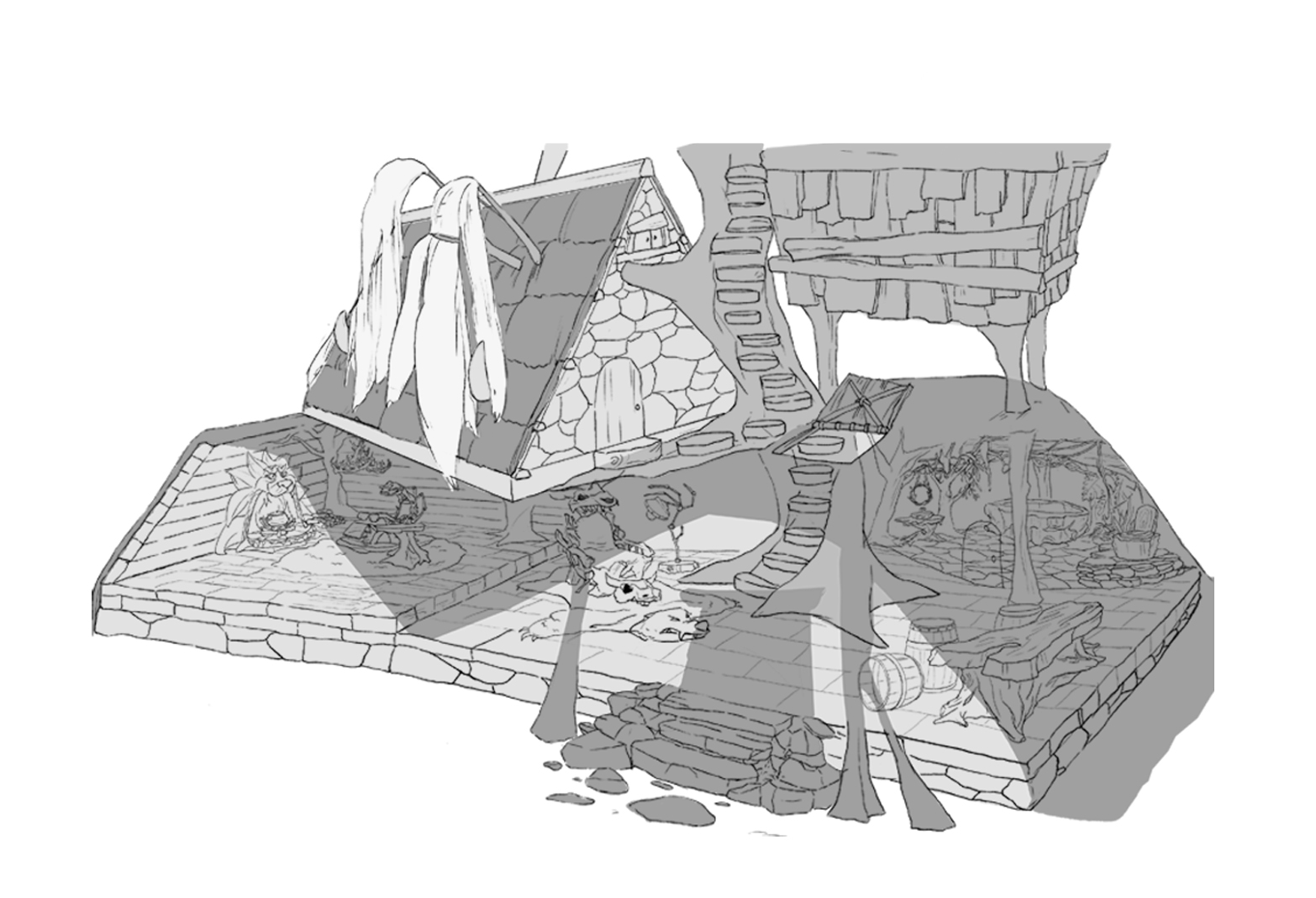 Grayscale cutaway concept of a woodland house
