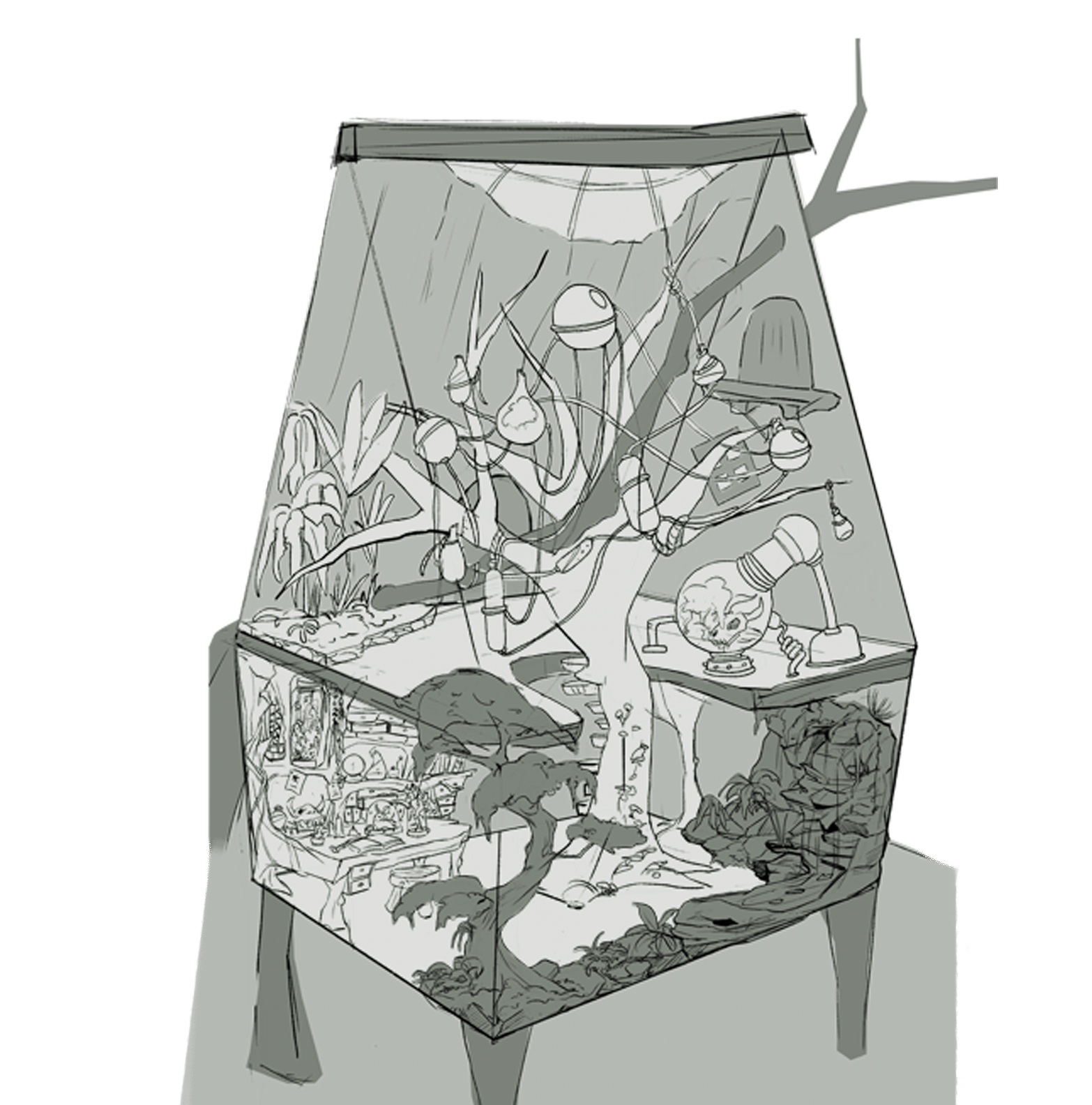 Grayscale cutaway concept of a forest terrarium laboratory