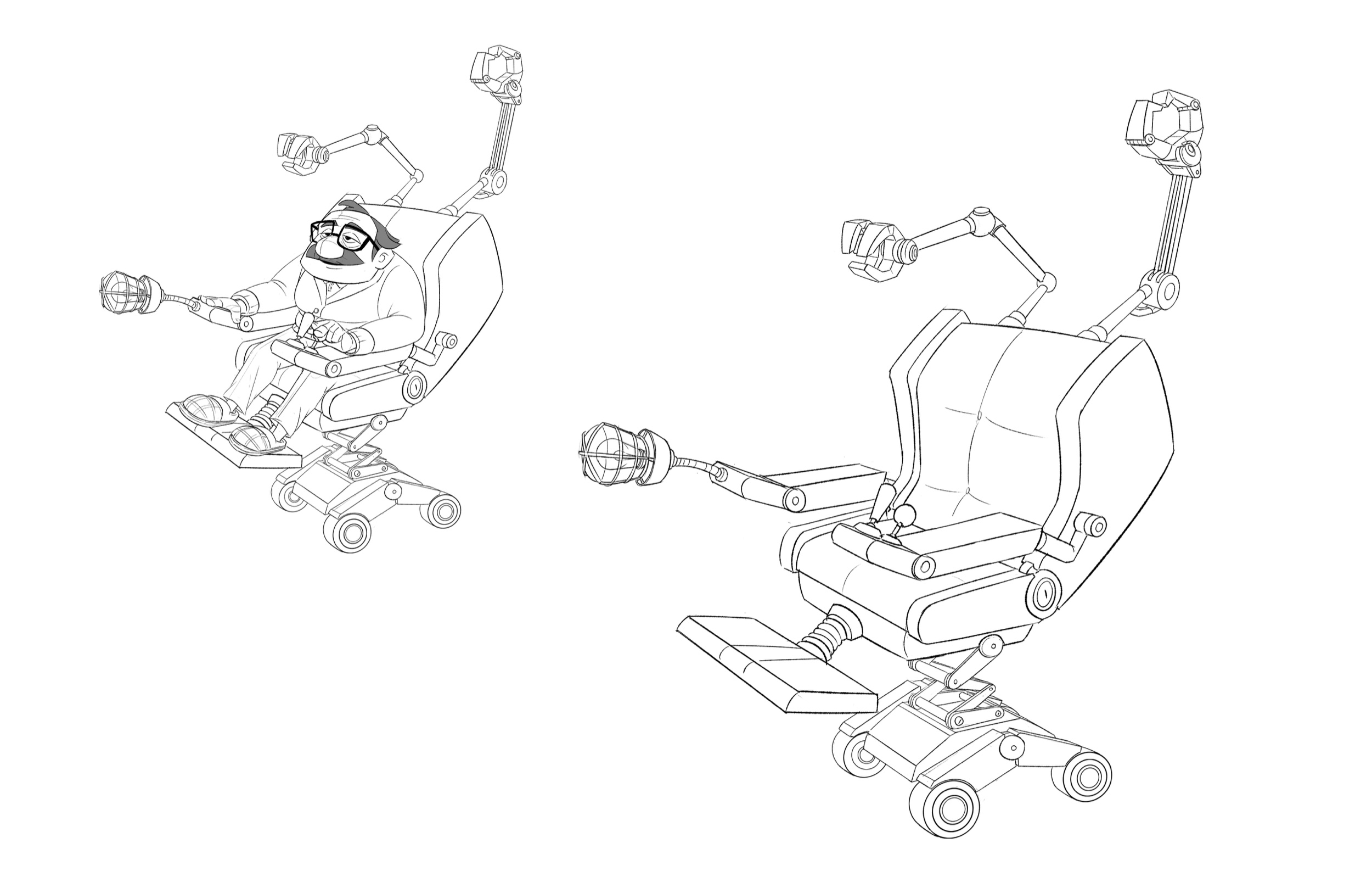 Mechanical mobility chair concept drawings with seated character