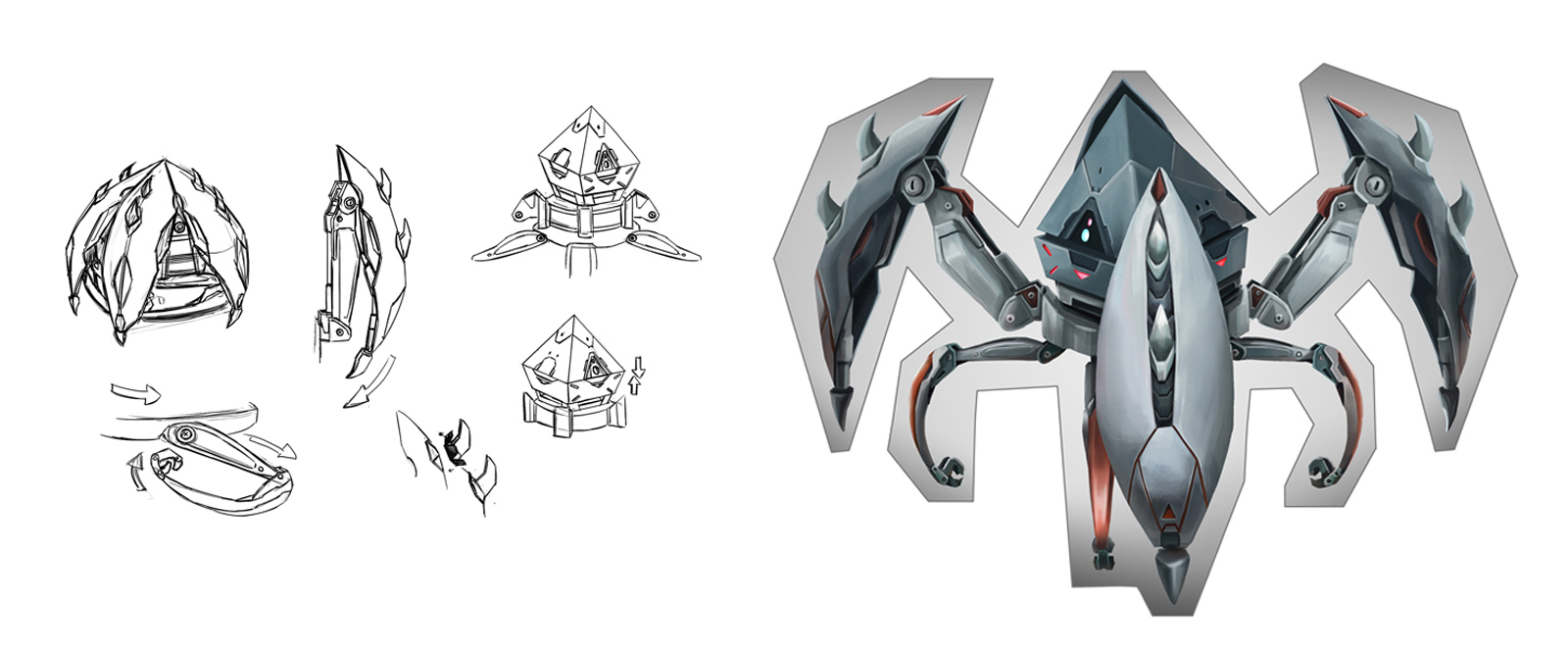 Spider-shaped robot concept sketches and final rendering