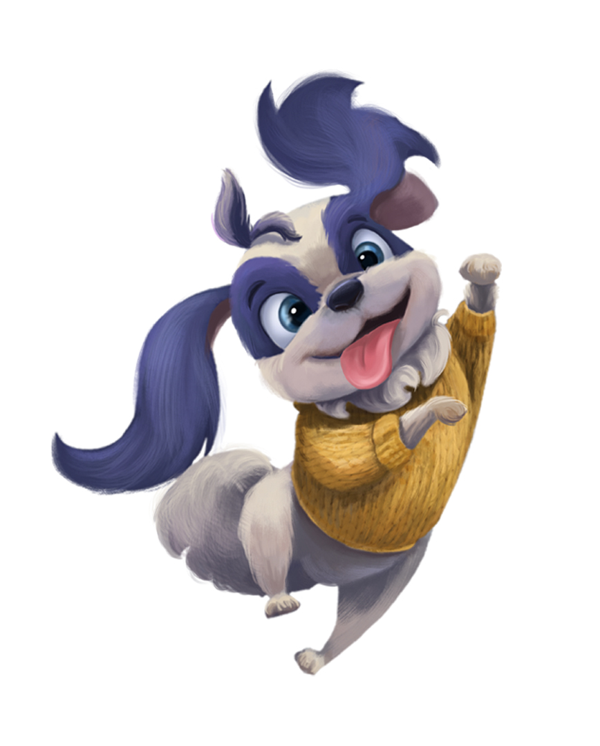 Painted purple dog character in a yellow sweater
