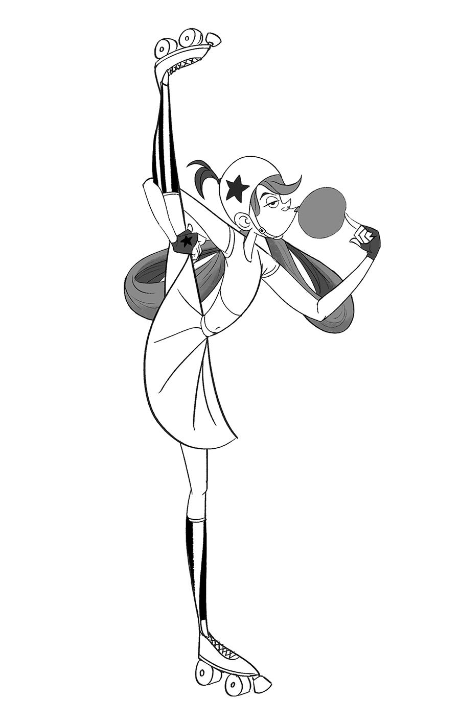 Roller derby character balancing on one skate and blowing bubble gum