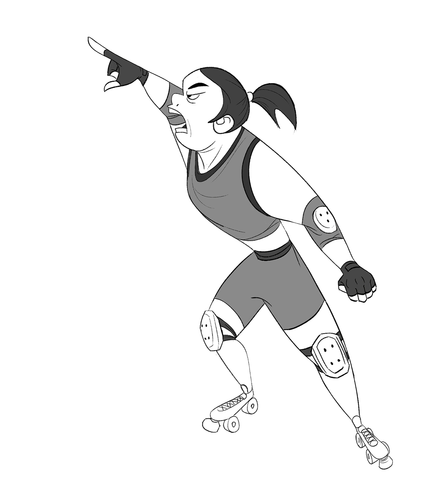 Black-and-white roller derby character pointing forward