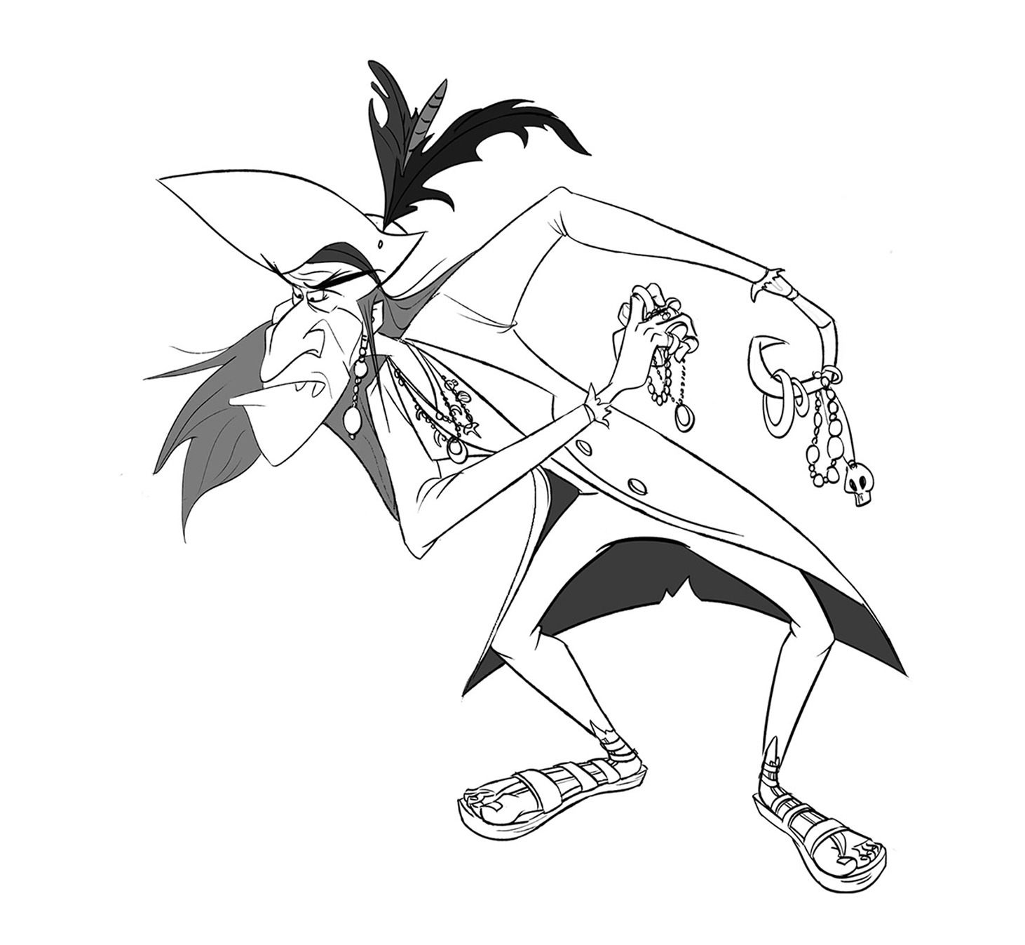 Angular pirate character holding necklaces and jewelry