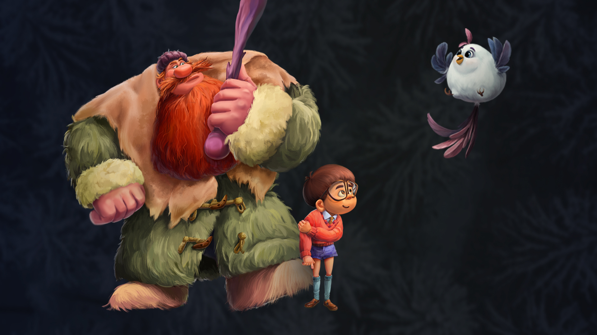 A giant forest traveler, a child, and a small bird from A Marvelous Journey
