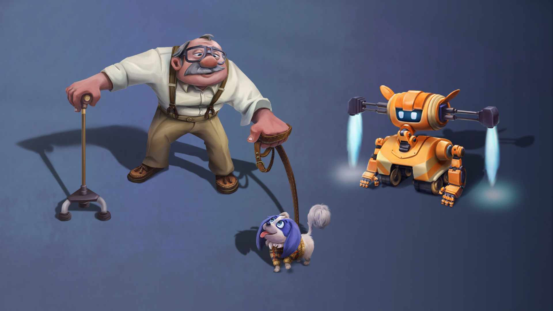 An elderly man, a dog, and an orange robot from Metal Friends