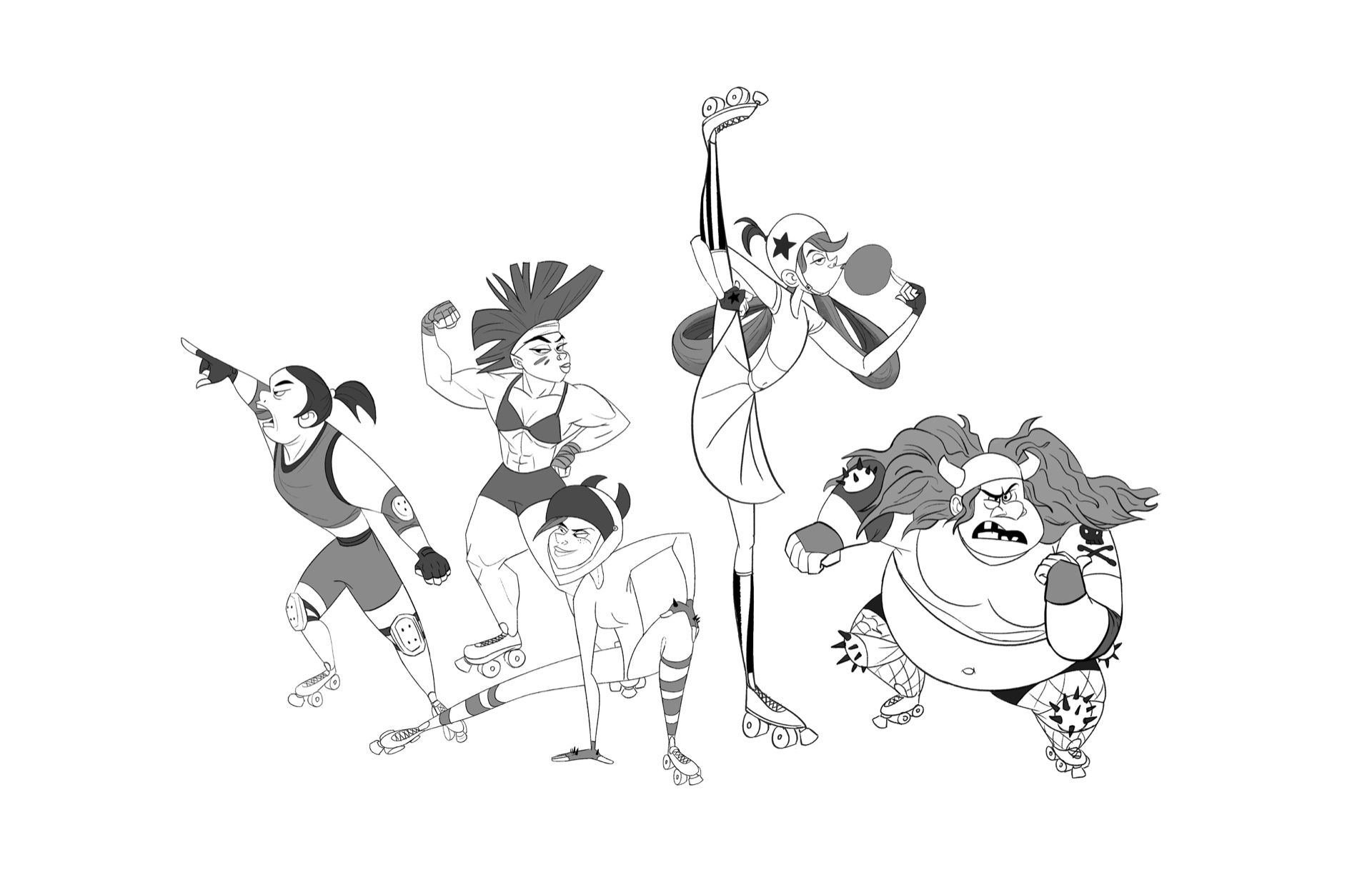 Black-and-white roller derby character lineup