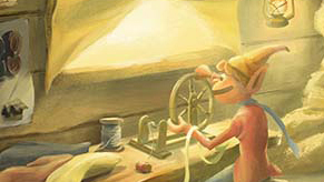 A small elf spinning thread in a warmly lit workshop