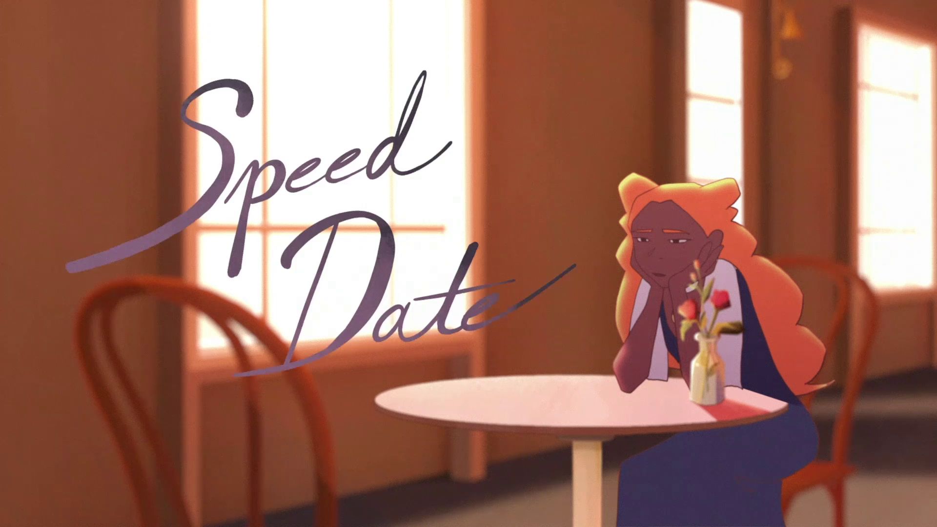 Speed Date title scene with a woman sitting at a café table