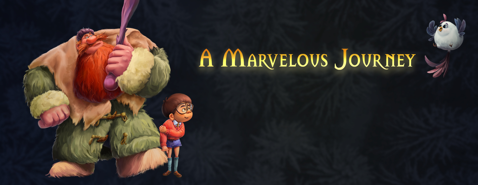 A Marvelous Journey title with the wizard Gwydion, Aiden, and the bird Peeps