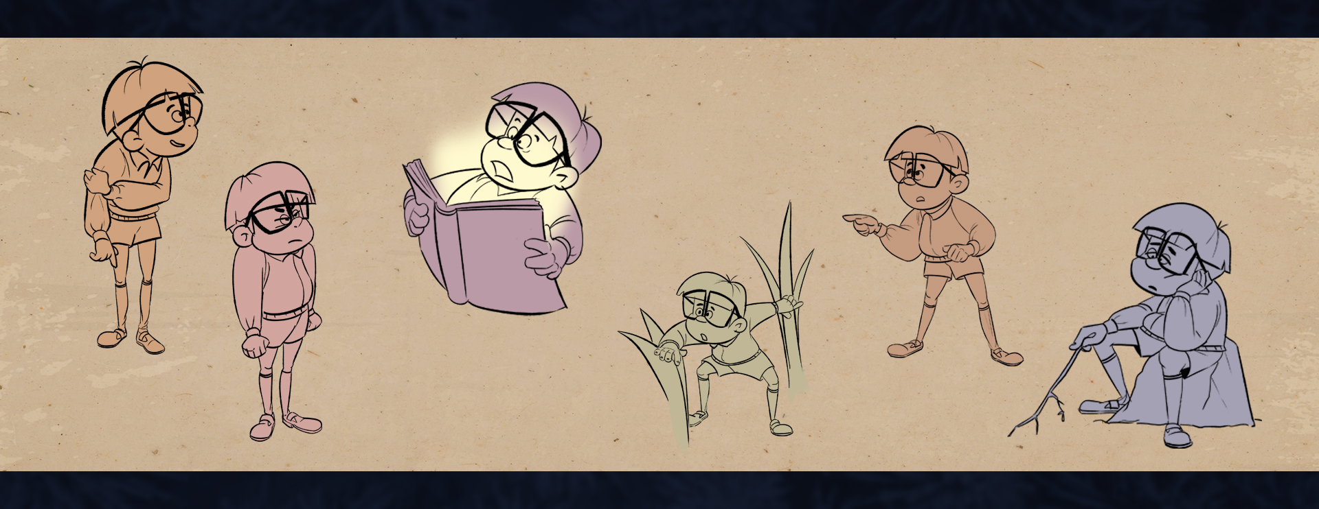 Aiden pose and expression sketches