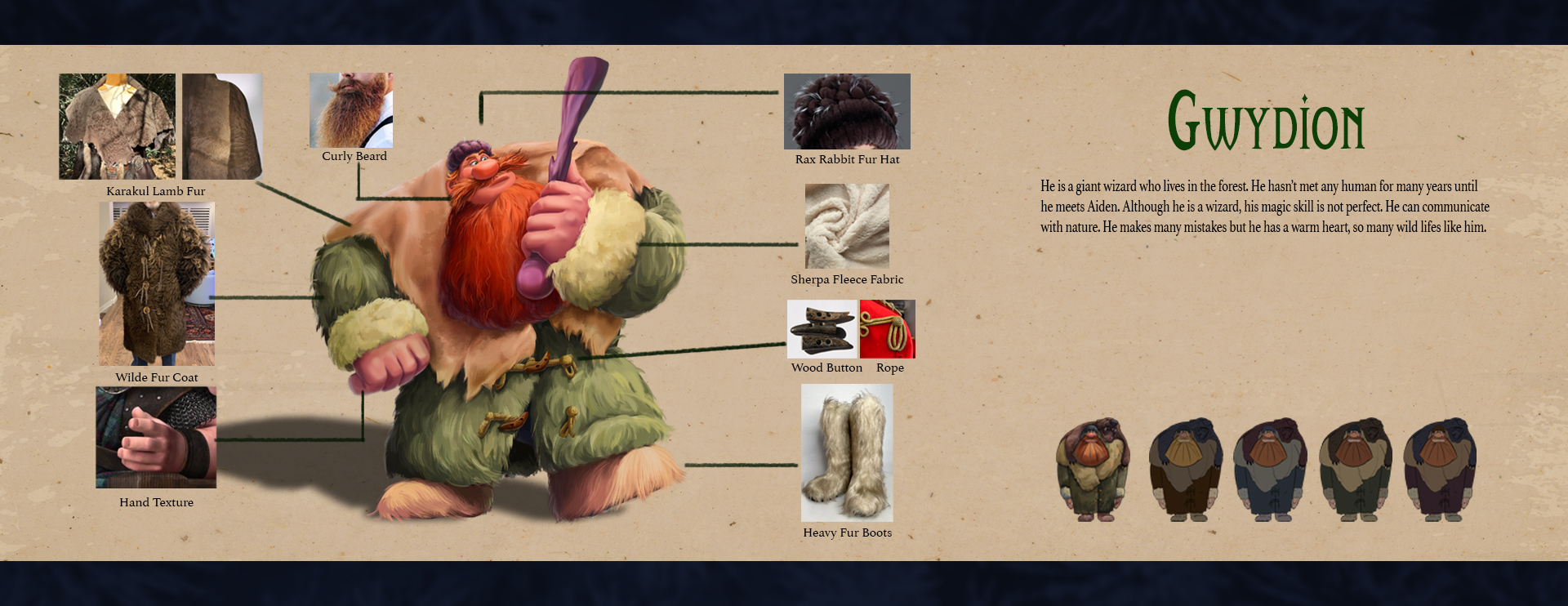 Gwydion character design sheet with material references and color variations