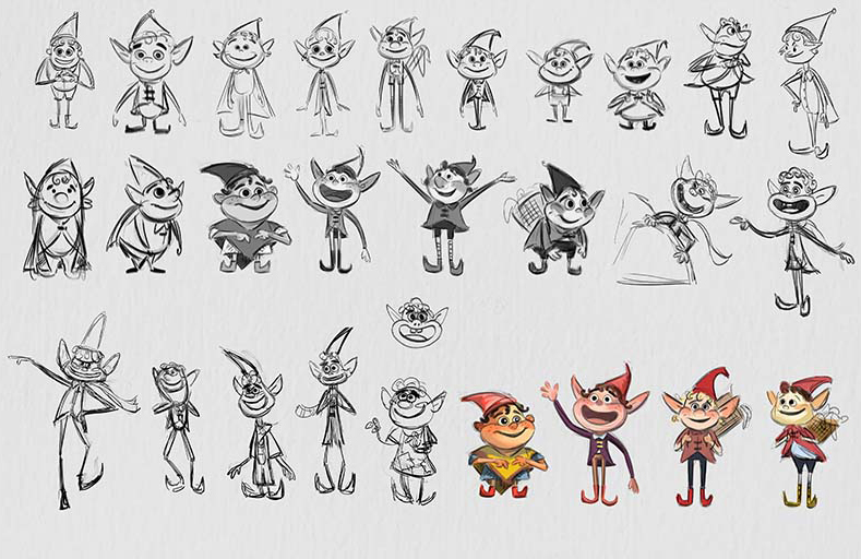 Elf character silhouette, pose, and costume exploration sketches