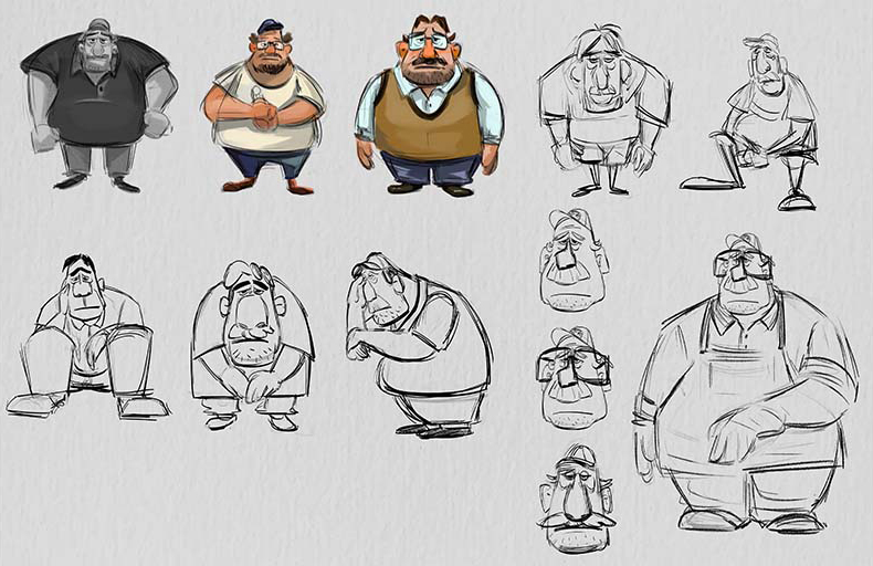 Craftsman character shape and body-language exploration sketches