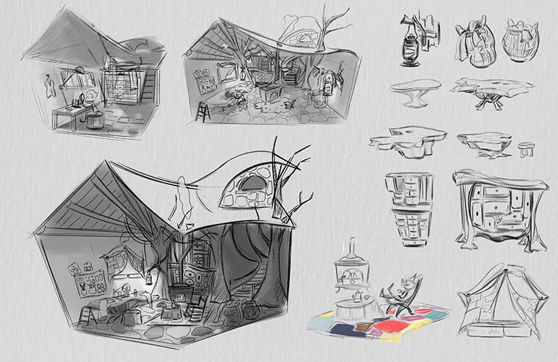 Workshop environment thumbnails with tools, furniture, and small prop studies
