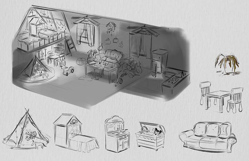 Workshop interior layout and furniture design sketches