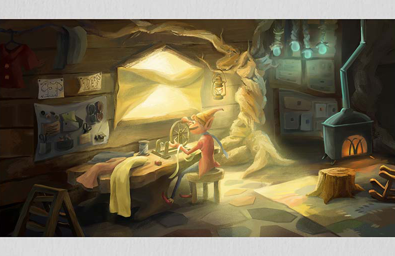 Warmly lit workshop where a small elf works at a table