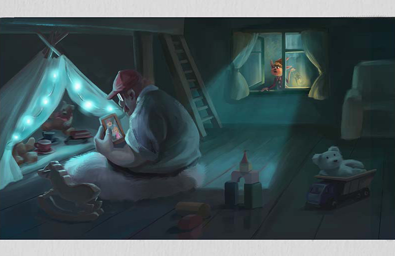 Nighttime workshop scene with the craftsman and elf working in separate rooms
