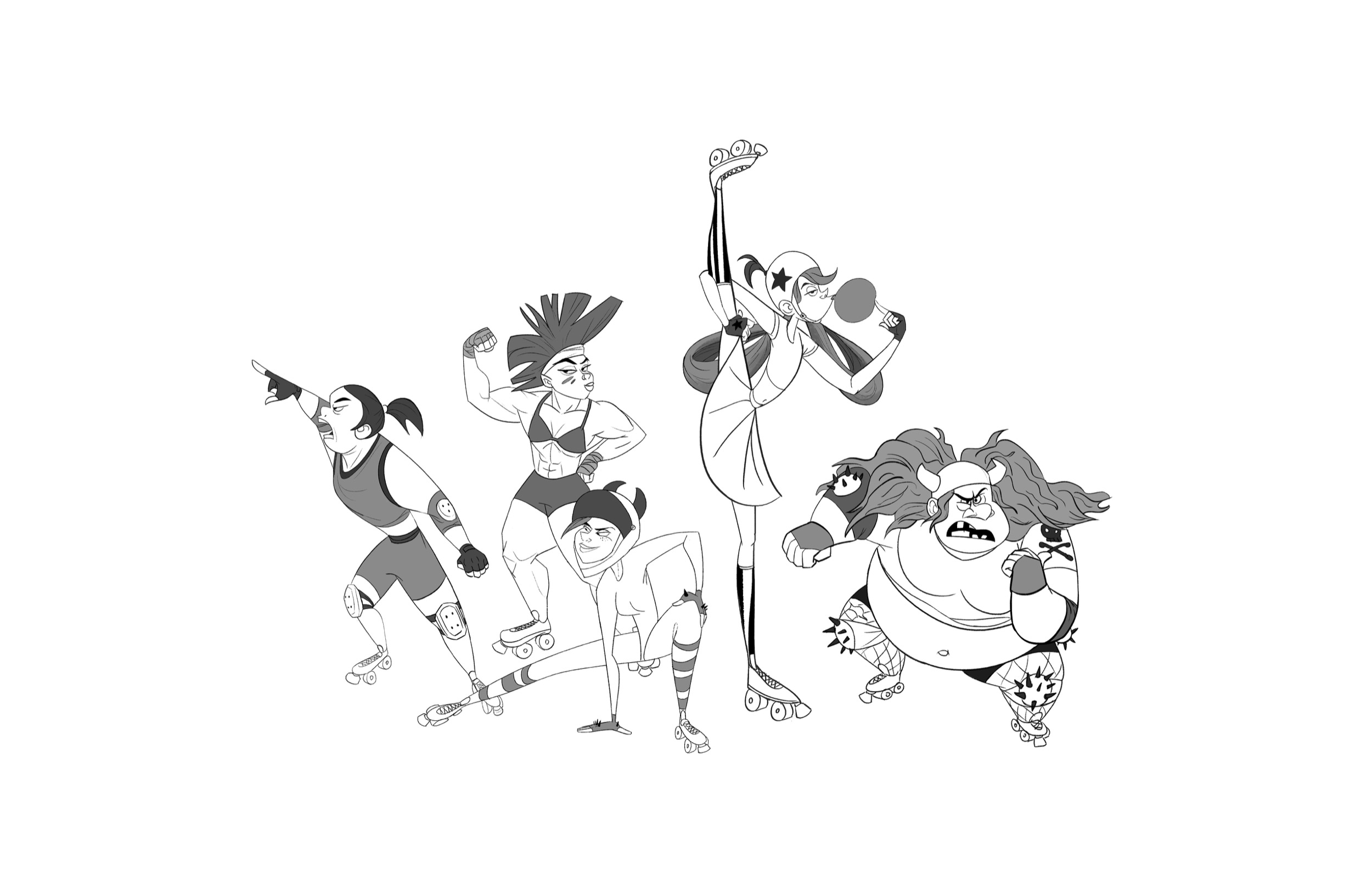 Stylized ensemble of dancers and skaters in expressive poses