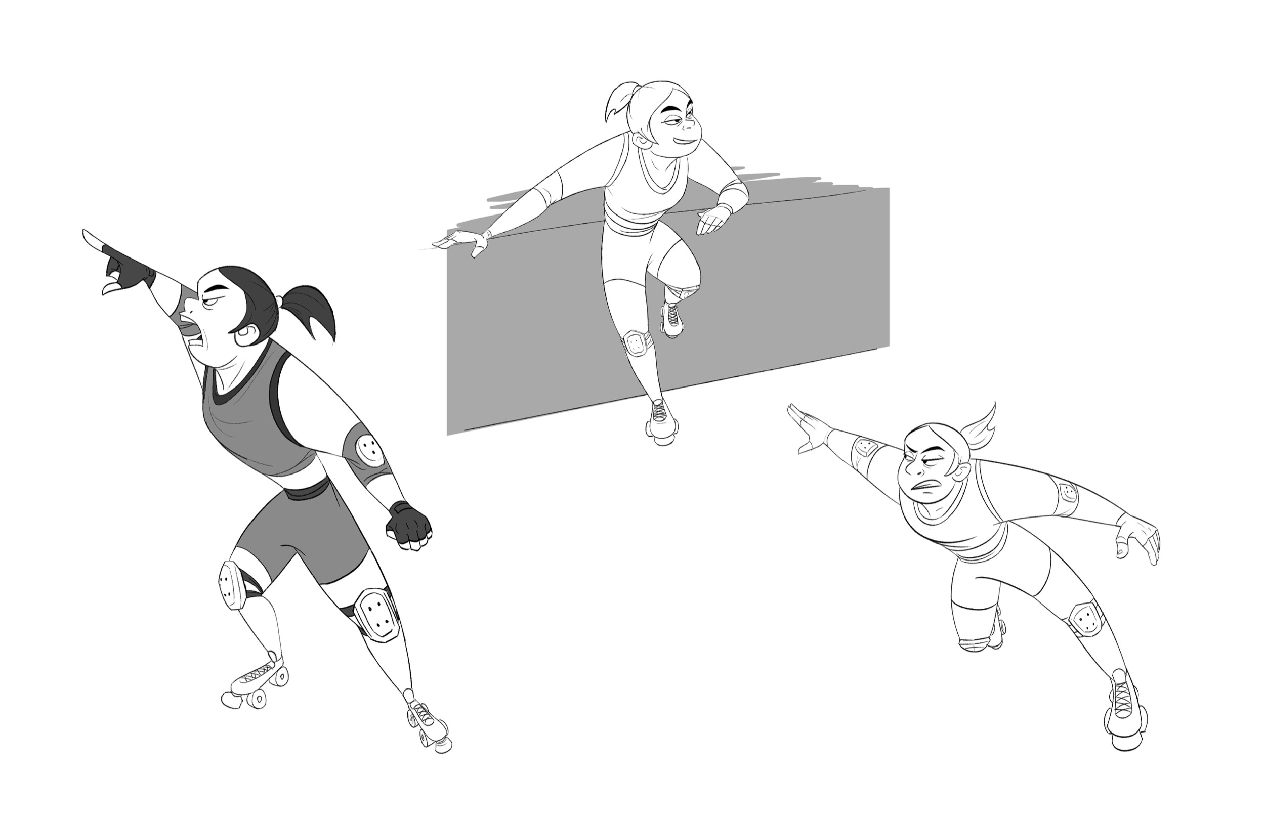 Female skater and supporting character action studies