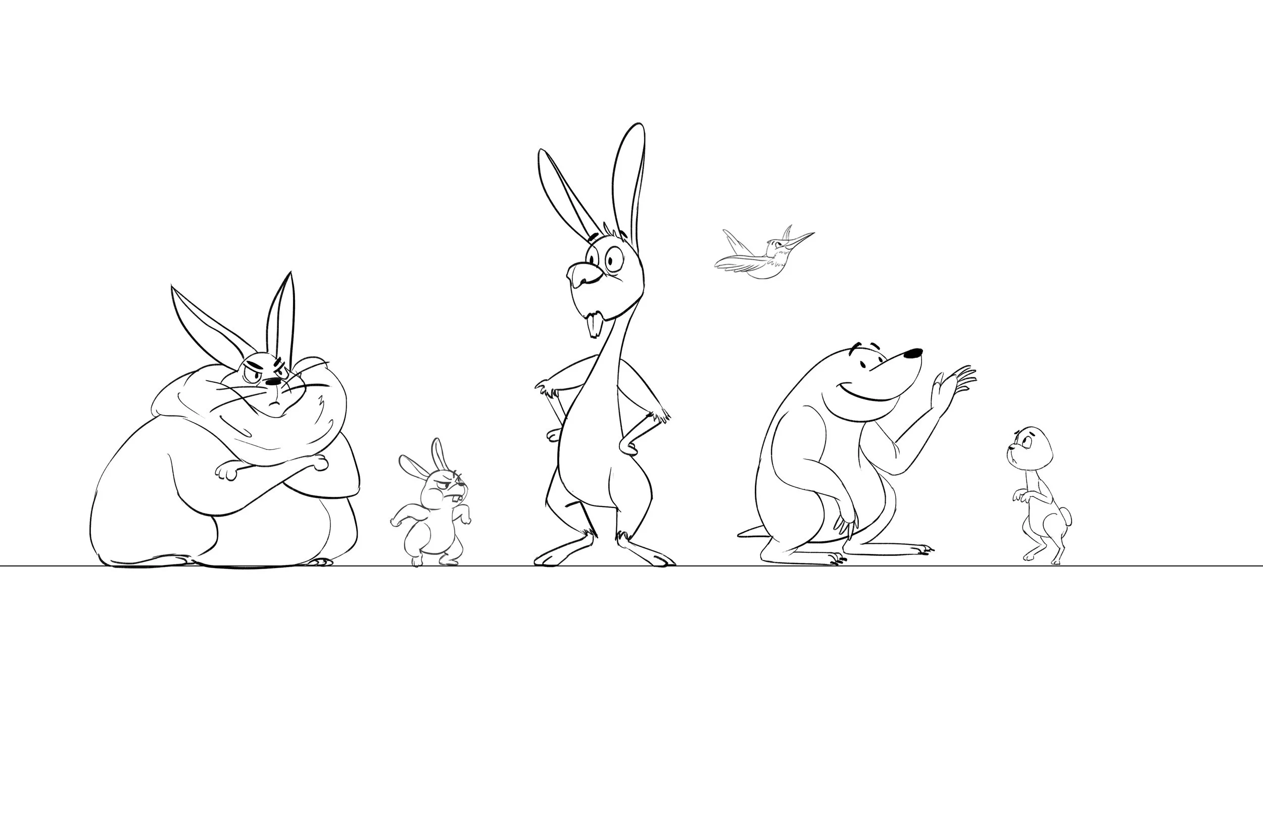 Bear, rabbit, and frog character scale lineup