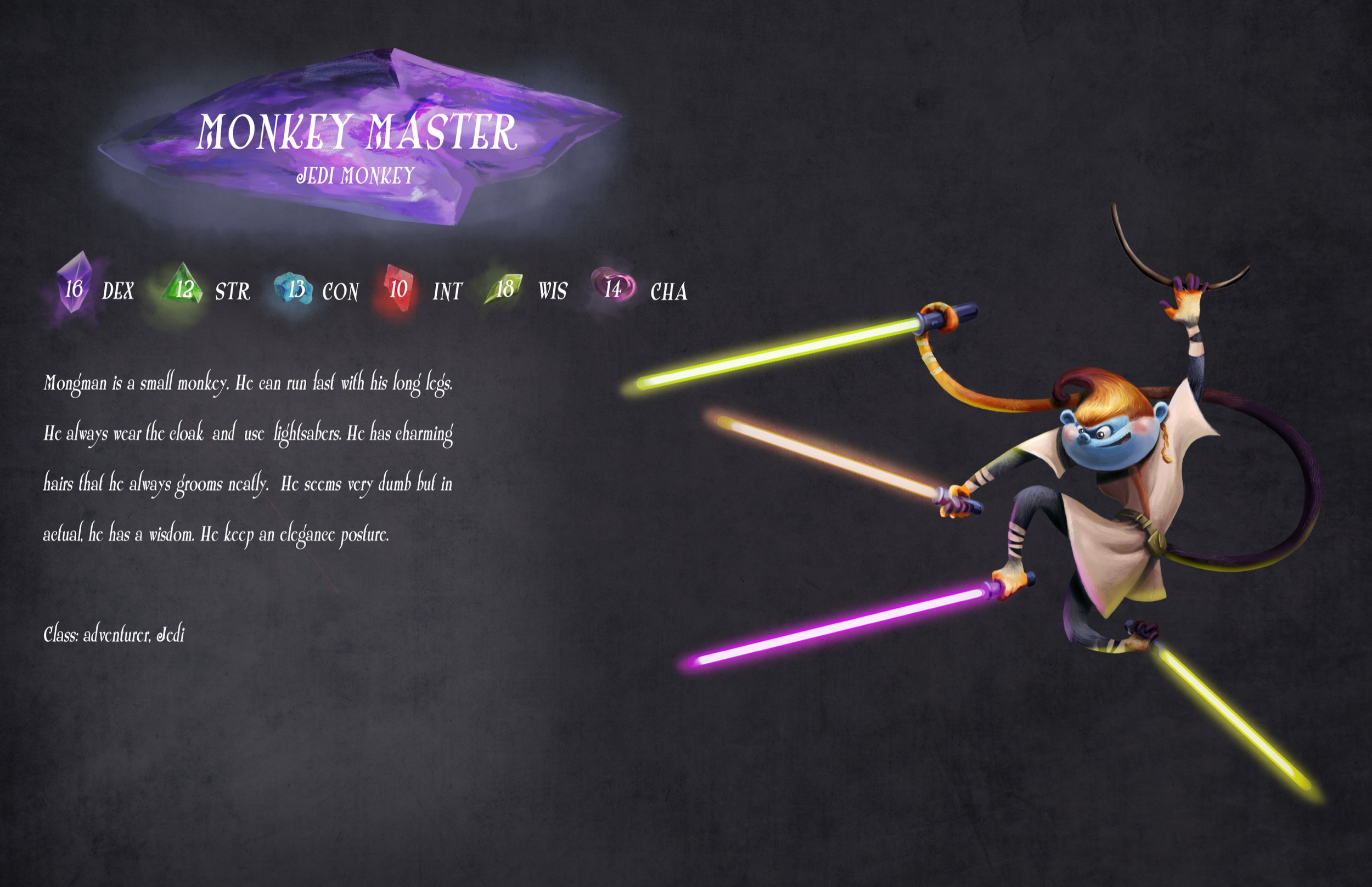 Jedi Monkey master character sheet with abilities and glowing lightsabers