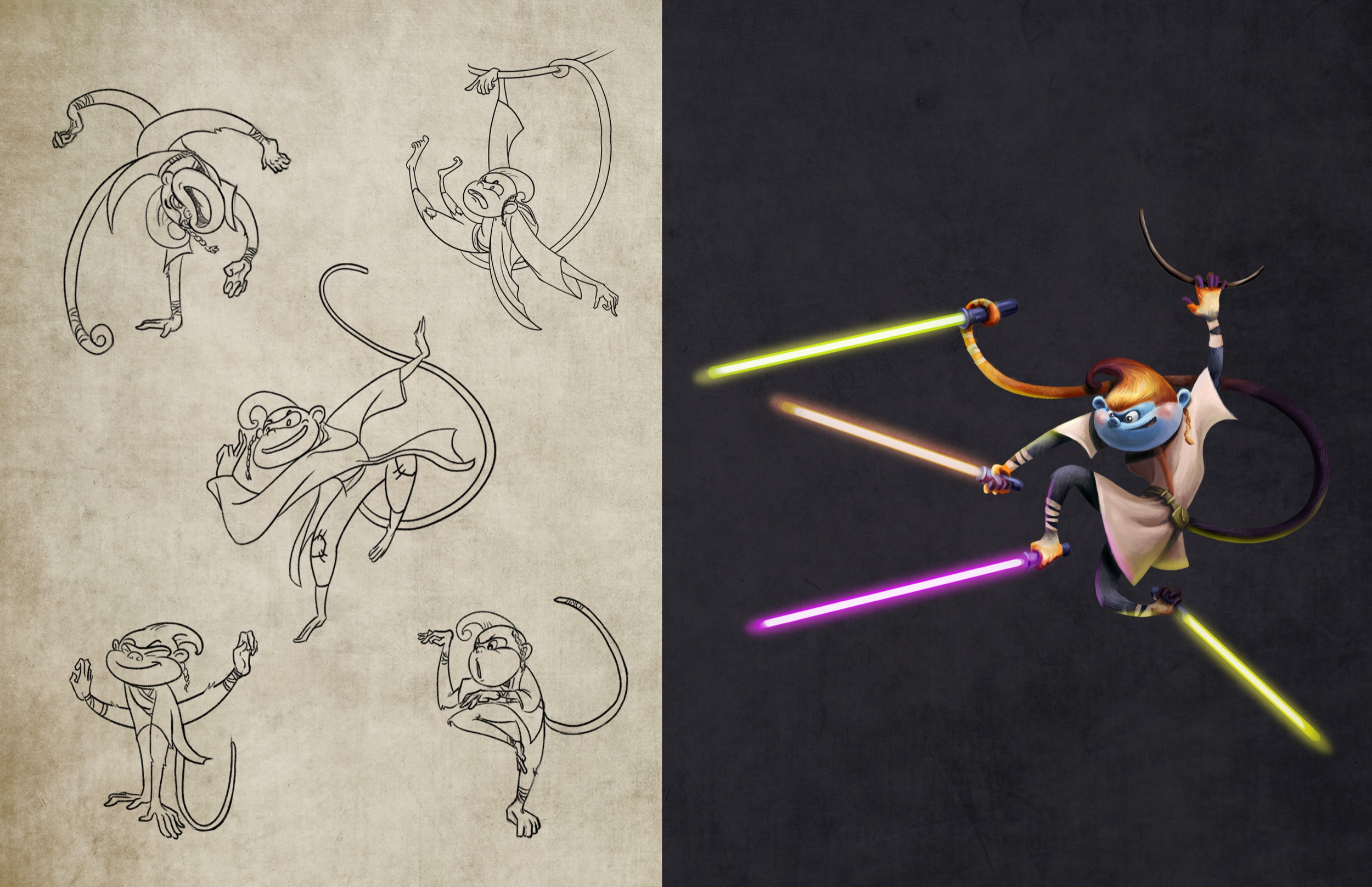 Jedi Monkey pose studies with a finished lightsaber character design