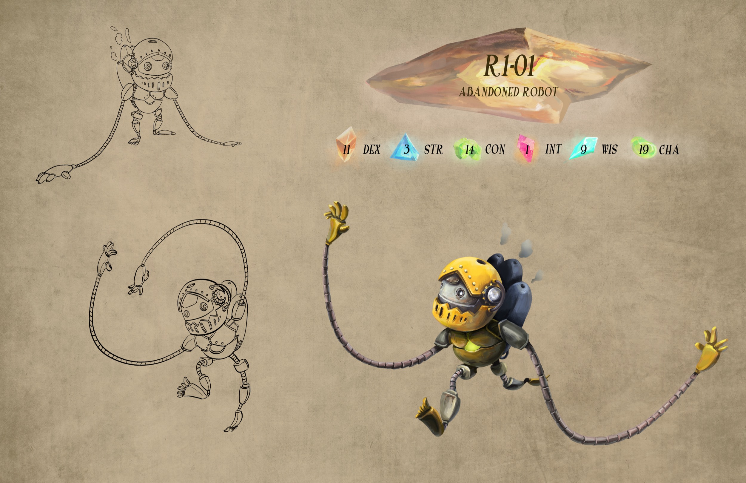 Abandoned robot character sheet with sketches and final color design