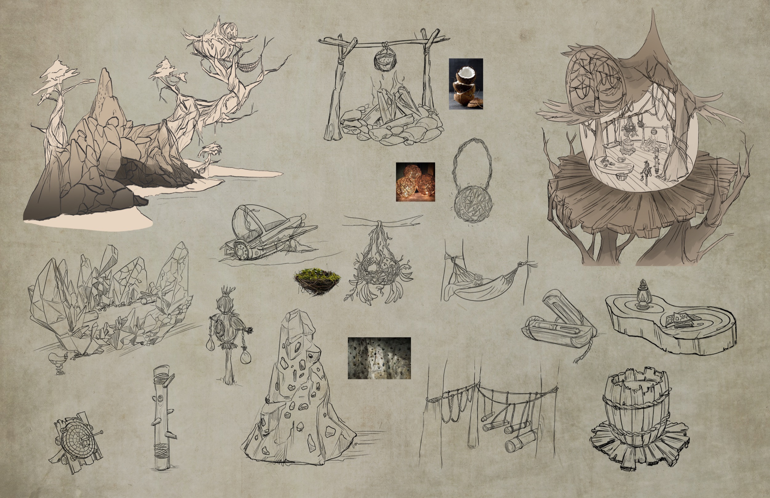 Crystal world environment and handmade prop exploration sketches