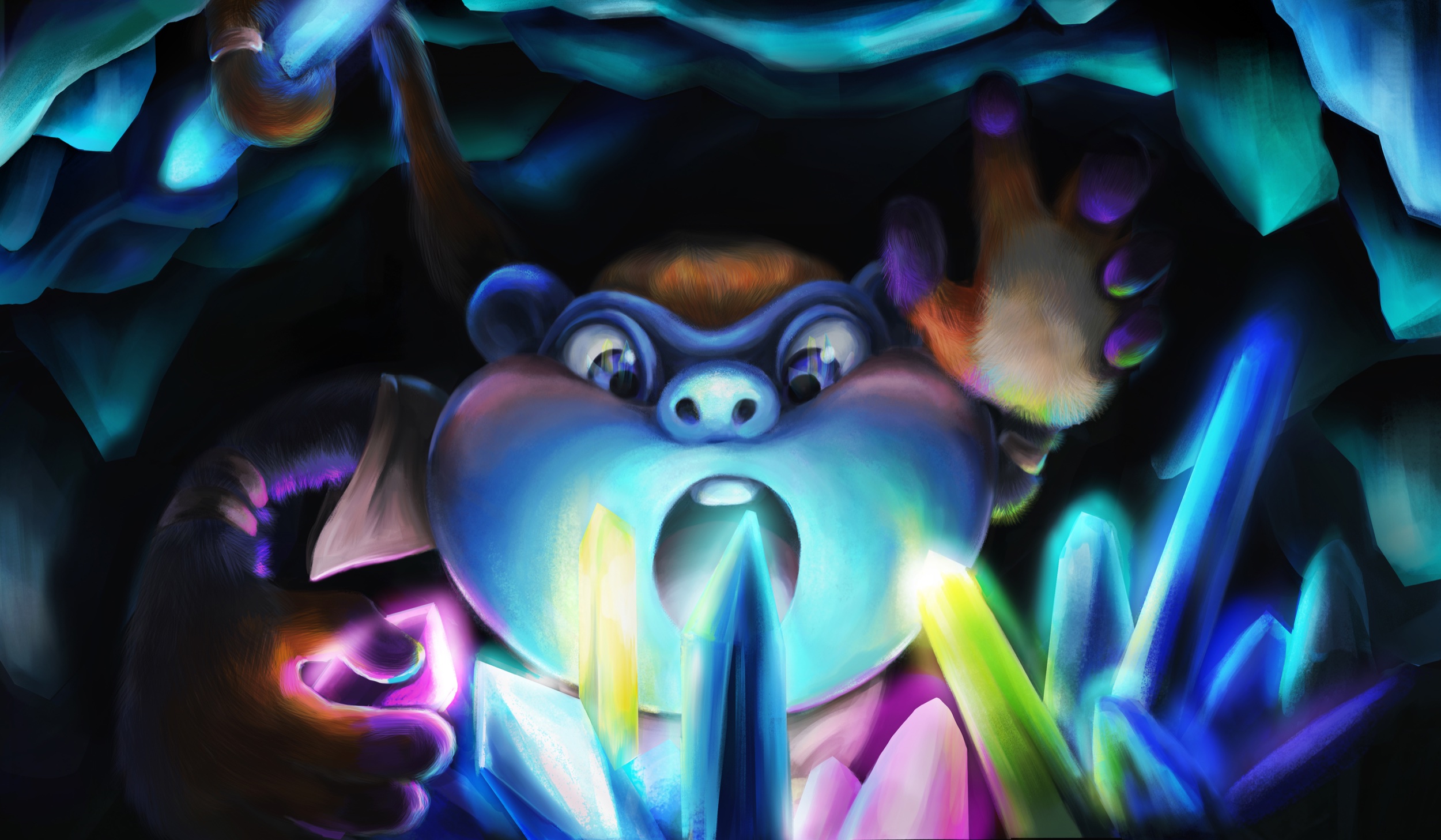 Jedi Monkey surprised among glowing crystals in a dark cave
