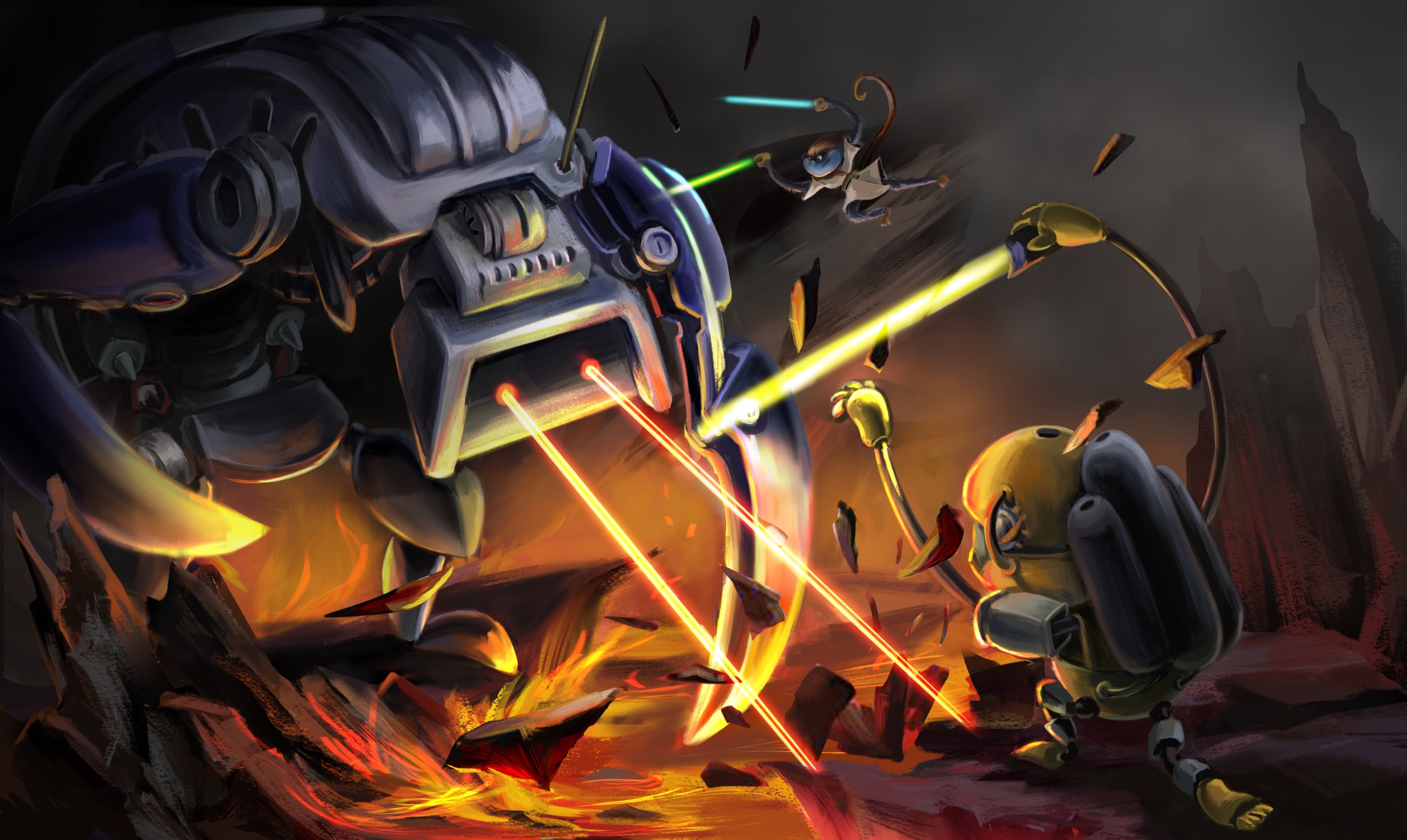 Jedi Monkey and the abandoned robot battling a giant machine