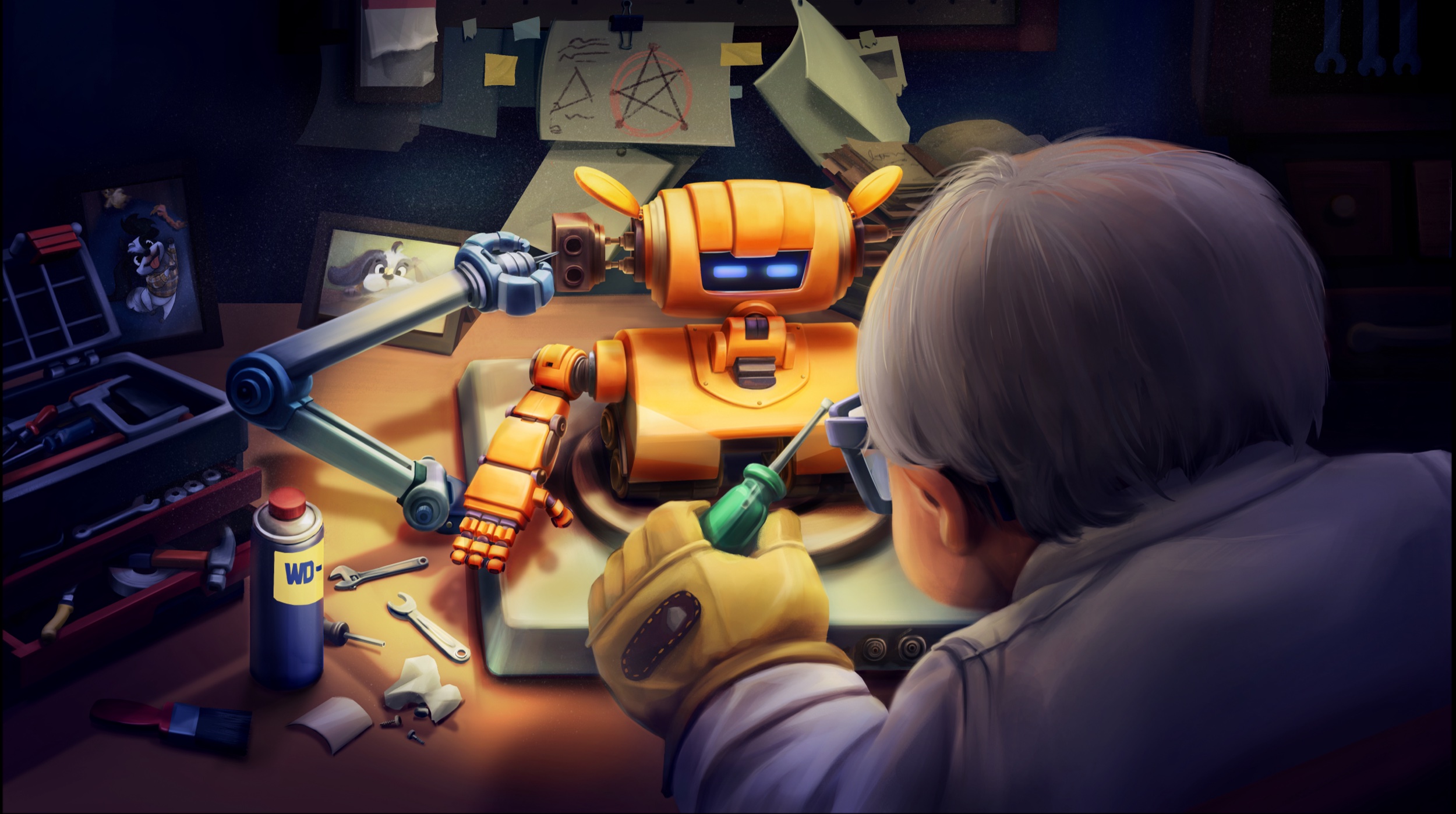 The elderly scientist repairing the orange robot at his workbench