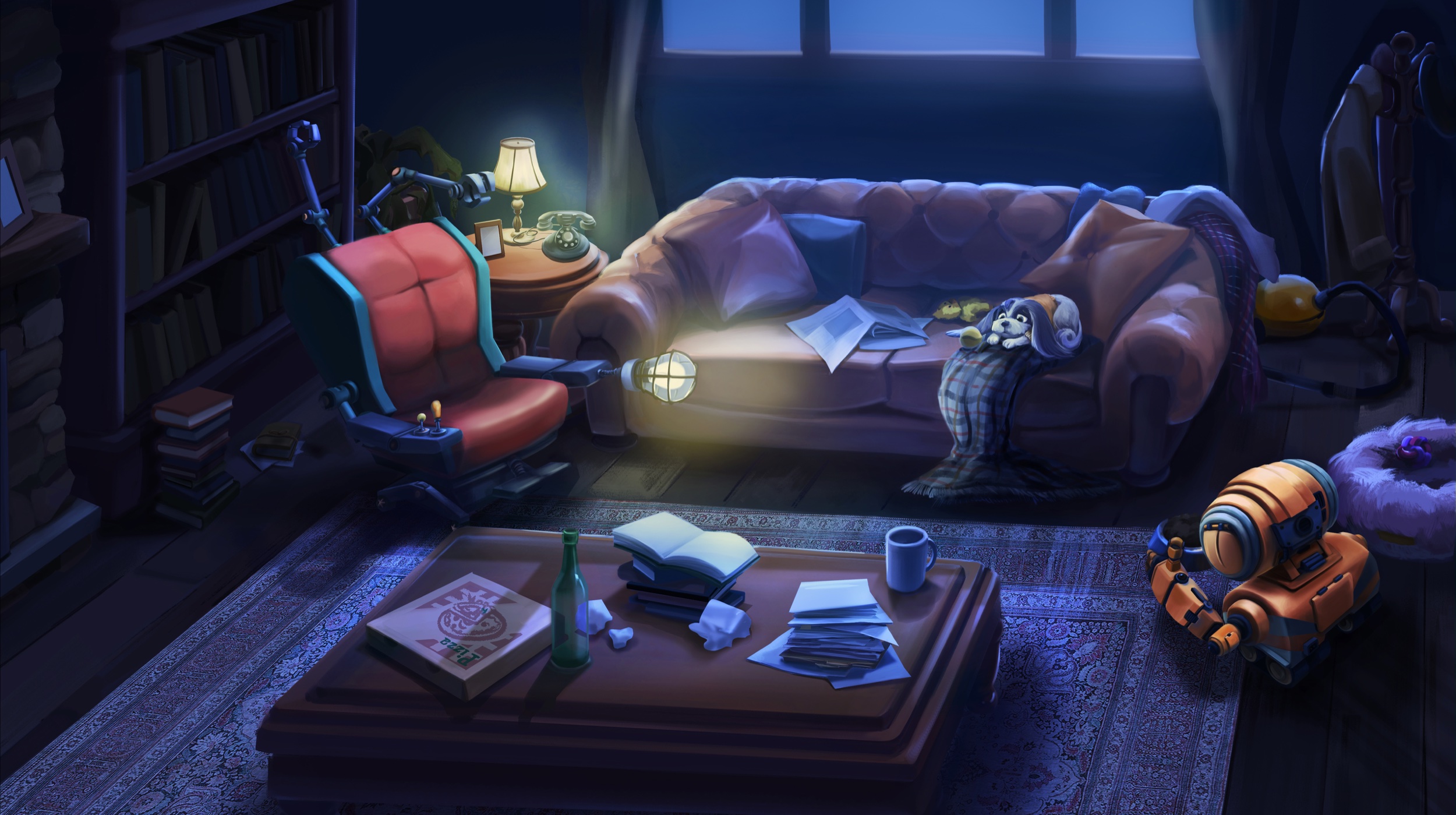 The robot and Mazzi resting together in the scientist's quiet living room