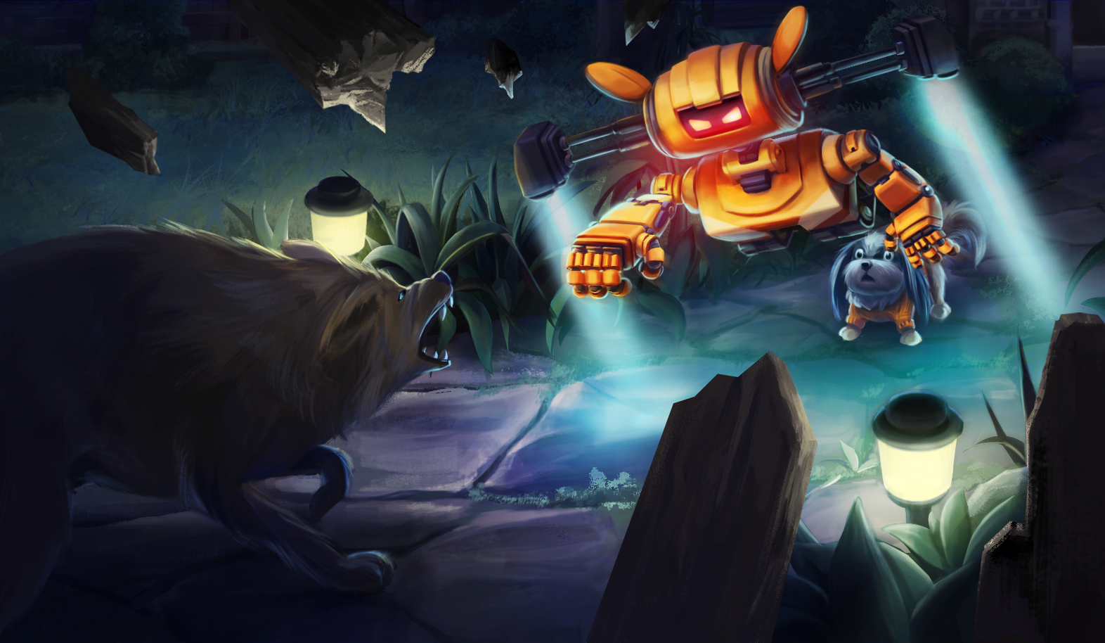 The robot protecting Mazzi from a bear at night