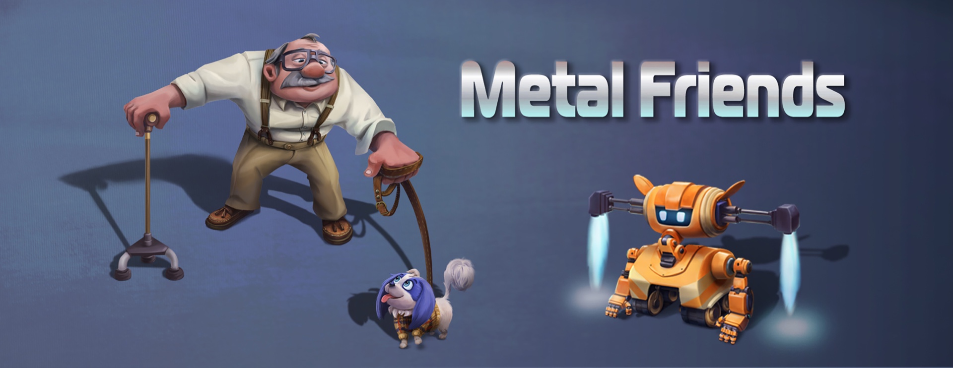 Metal Friends title with the elderly scientist, his dog Mazzi, and the robot TTOI-01