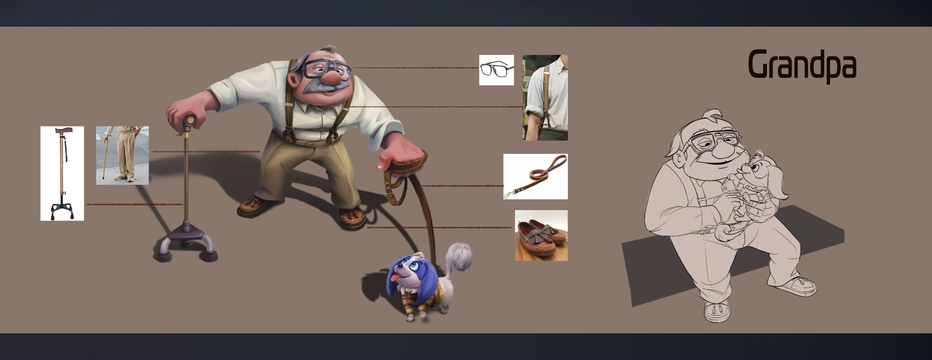Grandpa character design sheet with clothing, walking aid, and dog leash references