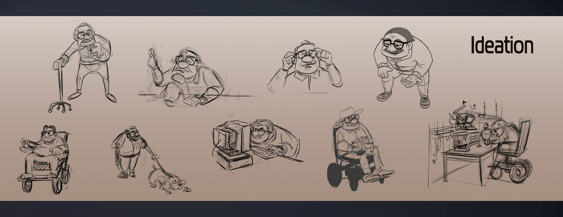 Grandpa pose and character ideation sketches