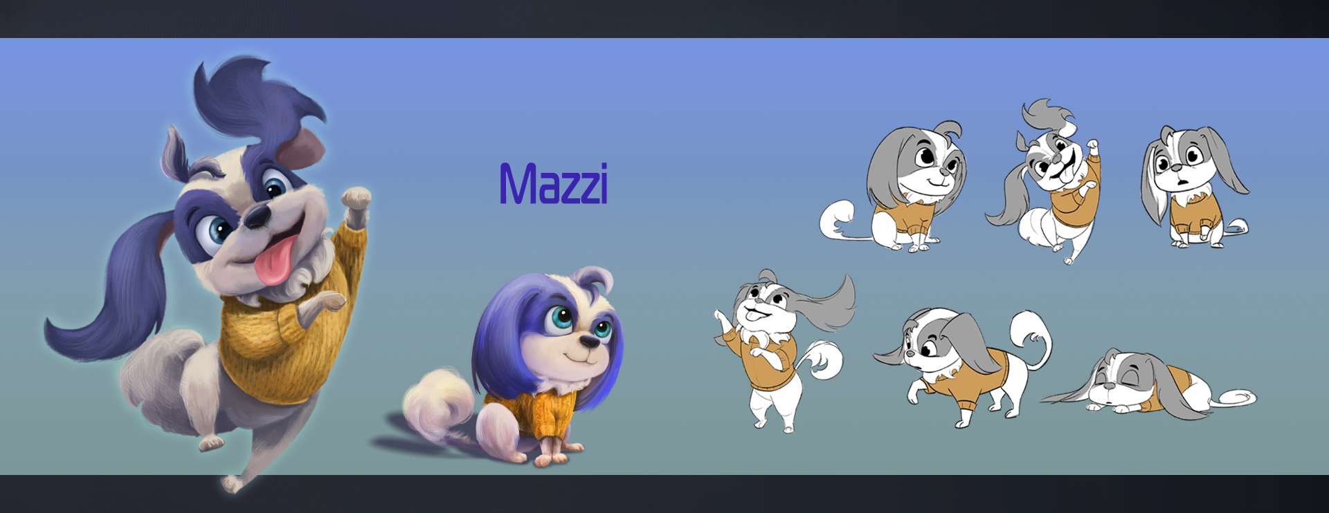 Mazzi dog character design and expression sheet