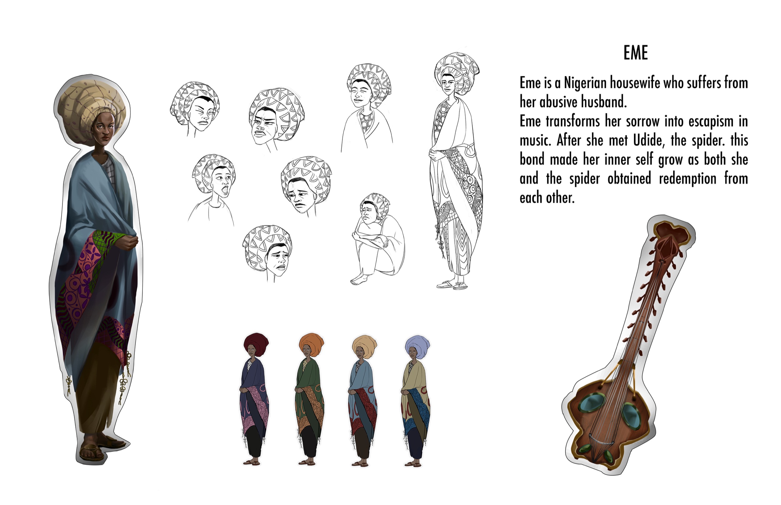 Eme character design sheet with expressions, costume variations, and her string instrument